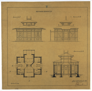 215053 Opstanden, plattegrond en doorsnede van het retiradegebouwtje op de Neude te Utrecht.